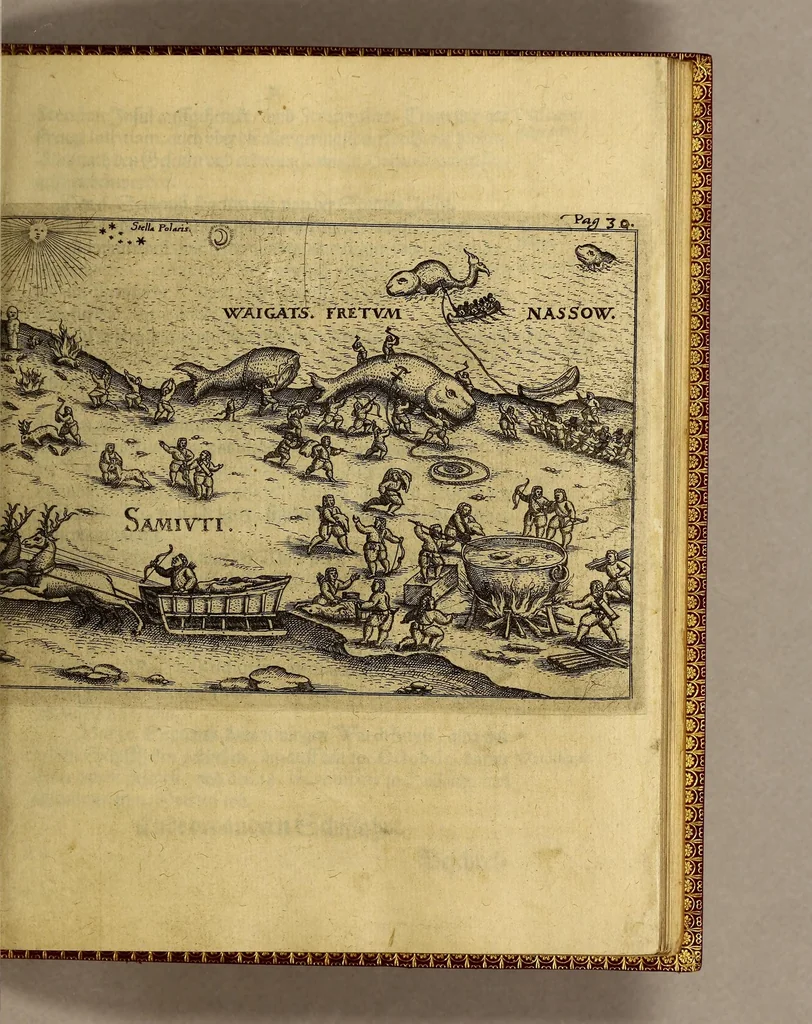 An illustration from Dritte Theil, Warhafftige Relation[.] Der dreyen newen vnerhörten, seltzamen Schifffahrt, so die holländische vnd seeländische Schiff gegen Mitternacht, drey Jahr nach einander, als Anno 1594. 1595. vnd 1596. verricht. : Wie sie Nordwegen, Lappiam, Biarmiam, vnd Russiam, oder Moscoviam (vorhabens ins Königreich Cathay vnd China zu kommen) vmbgesegelt haben. Auch wie sie das Fretum Nassoviae, Waygats, Novam Semblam, vnd das Landt vnter dem 8o. Gradu Latitud. so man vermeint das Gronland sey, gefunden: vnd was für gefahr, der erschrecklichen Bärn, Meerwunder, vnd dem Eyss, sie aussgestanden., 1612, leaf 67