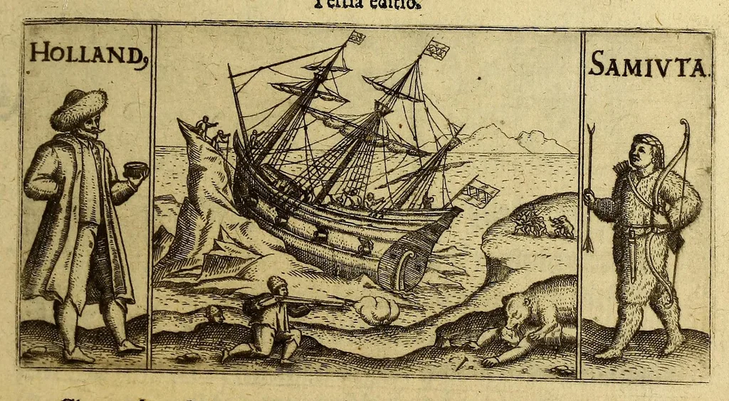 An illustration from Dritte Theil, Warhafftige Relation[.] Der dreyen newen vnerhörten, seltzamen Schifffahrt, so die holländische vnd seeländische Schiff gegen Mitternacht, drey Jahr nach einander, als Anno 1594. 1595. vnd 1596. verricht. : Wie sie Nordwegen, Lappiam, Biarmiam, vnd Russiam, oder Moscoviam (vorhabens ins Königreich Cathay vnd China zu kommen) vmbgesegelt haben. Auch wie sie das Fretum Nassoviae, Waygats, Novam Semblam, vnd das Landt vnter dem 8o. Gradu Latitud. so man vermeint das Gronland sey, gefunden: vnd was für gefahr, der erschrecklichen Bärn, Meerwunder, vnd dem Eyss, sie aussgestanden., 1612, leaf 7