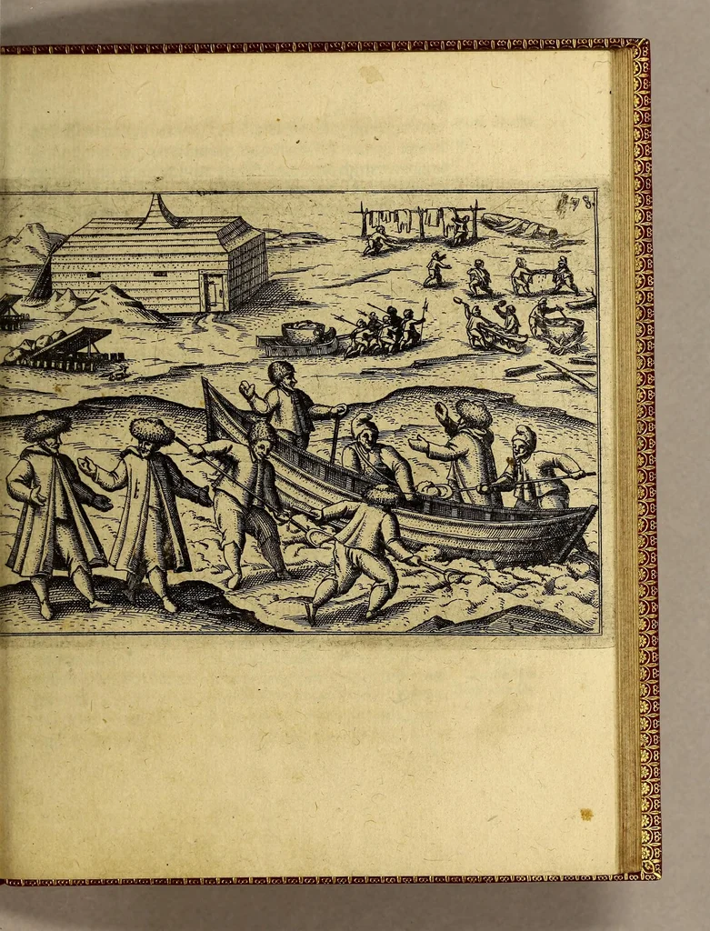 An illustration from Dritte Theil, Warhafftige Relation[.] Der dreyen newen vnerhörten, seltzame[n] Schiffart, so die holländischen vnd seeländischen Schiff gegen Mitternacht, drey Jar nach einander, als An[n]o 1594. 1595. vnd 1596. verricht. : Wie sie Nordvvegen, Lappiam, Biarmiam, vnd Russiam, oder Moscoviam (vorhabens ins Königreich Cathay vnd China zu kommen) vmgebsegelt haben. Auch wie sie das Fretu[m] Nassoviae, Waygats, Novam Semblam, vnd das Landt vnter dem 8o. Gradu Latitud, so man vermeint das Gronland sey, gefunden: vnd was für gefahr, der erschrecklichen Bärn, Meerwunder, vnd dem Eyss, sie aussgestanden., 1602, leaf 143