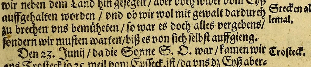 An illustration from Dritte Theil, Warhafftige Relation[.] Der dreyen newen vnerhörten, seltzame[n] Schiffart, so die holländischen vnd seeländischen Schiff gegen Mitternacht, drey Jar nach einander, als An[n]o 1594. 1595. vnd 1596. verricht. : Wie sie Nordvvegen, Lappiam, Biarmiam, vnd Russiam, oder Moscoviam (vorhabens ins Königreich Cathay vnd China zu kommen) vmgebsegelt haben. Auch wie sie das Fretu[m] Nassoviae, Waygats, Novam Semblam, vnd das Landt vnter dem 8o. Gradu Latitud, so man vermeint das Gronland sey, gefunden: vnd was für gefahr, der erschrecklichen Bärn, Meerwunder, vnd dem Eyss, sie aussgestanden., 1602, leaf 163