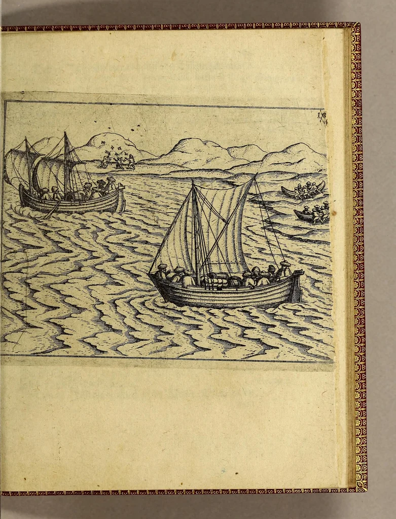 An illustration from Dritte Theil, Warhafftige Relation[.] Der dreyen newen vnerhörten, seltzame[n] Schiffart, so die holländischen vnd seeländischen Schiff gegen Mitternacht, drey Jar nach einander, als An[n]o 1594. 1595. vnd 1596. verricht. : Wie sie Nordvvegen, Lappiam, Biarmiam, vnd Russiam, oder Moscoviam (vorhabens ins Königreich Cathay vnd China zu kommen) vmgebsegelt haben. Auch wie sie das Fretu[m] Nassoviae, Waygats, Novam Semblam, vnd das Landt vnter dem 8o. Gradu Latitud, so man vermeint das Gronland sey, gefunden: vnd was für gefahr, der erschrecklichen Bärn, Meerwunder, vnd dem Eyss, sie aussgestanden., 1602, leaf 173