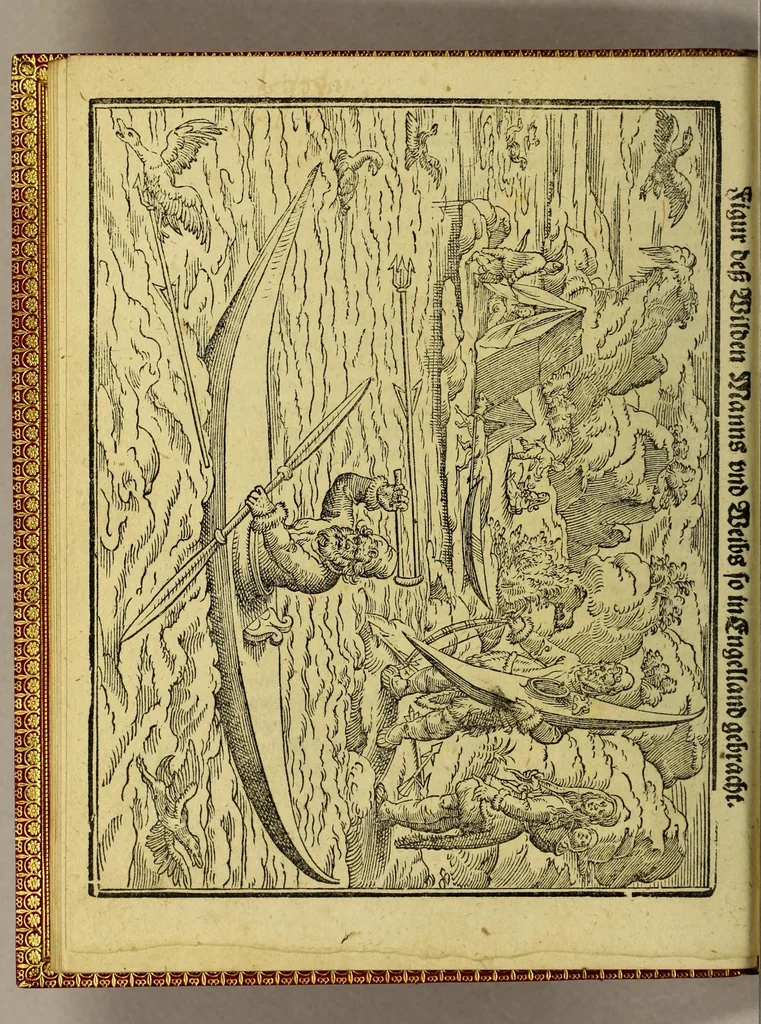 An illustration from Dritte Theil, Warhafftige Relation[.] Der dreyen newen vnerhörten, seltzame[n] Schiffart, so die holländischen vnd seeländischen Schiff gegen Mitternacht, drey Jar nach einander, als An[n]o 1594. 1595. vnd 1596. verricht. : Wie sie Nordvvegen, Lappiam, Biarmiam, vnd Russiam, oder Moscoviam (vorhabens ins Königreich Cathay vnd China zu kommen) vmgebsegelt haben. Auch wie sie das Fretu[m] Nassoviae, Waygats, Novam Semblam, vnd das Landt vnter dem 8o. Gradu Latitud, so man vermeint das Gronland sey, gefunden: vnd was für gefahr, der erschrecklichen Bärn, Meerwunder, vnd dem Eyss, sie aussgestanden., 1602, leaf 22