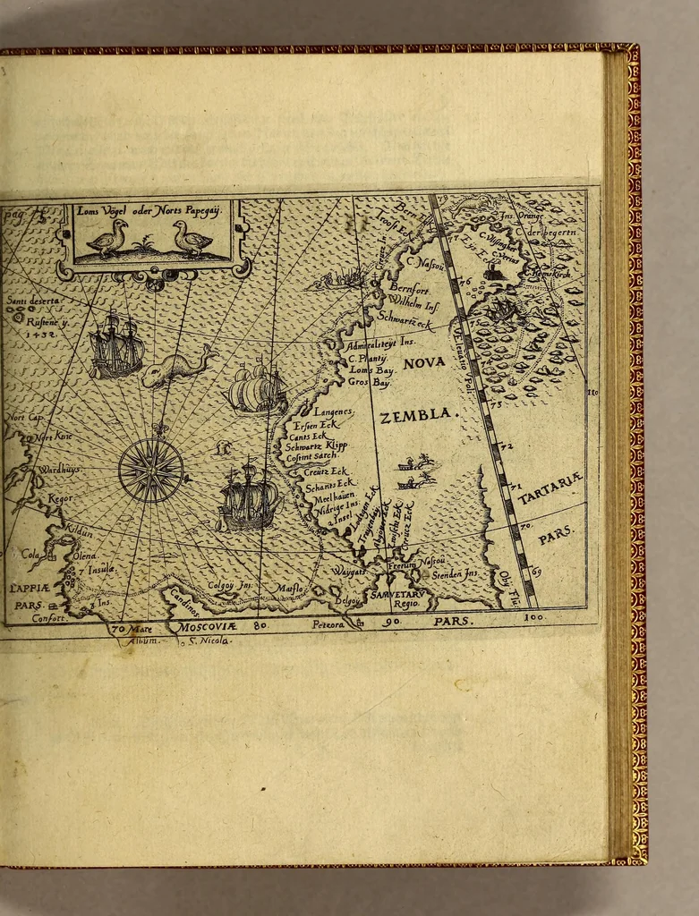 An illustration from Dritte Theil, Warhafftige Relation[.] Der dreyen newen vnerhörten, seltzame[n] Schiffart, so die holländischen vnd seeländischen Schiff gegen Mitternacht, drey Jar nach einander, als An[n]o 1594. 1595. vnd 1596. verricht. : Wie sie Nordvvegen, Lappiam, Biarmiam, vnd Russiam, oder Moscoviam (vorhabens ins Königreich Cathay vnd China zu kommen) vmgebsegelt haben. Auch wie sie das Fretu[m] Nassoviae, Waygats, Novam Semblam, vnd das Landt vnter dem 8o. Gradu Latitud, so man vermeint das Gronland sey, gefunden: vnd was für gefahr, der erschrecklichen Bärn, Meerwunder, vnd dem Eyss, sie aussgestanden., 1602, leaf 31