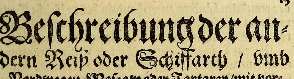An illustration from Dritte Theil, Warhafftige Relation[.] Der dreyen newen vnerhörten, seltzame[n] Schiffart, so die holländischen vnd seeländischen Schiff gegen Mitternacht, drey Jar nach einander, als An[n]o 1594. 1595. vnd 1596. verricht. : Wie sie Nordvvegen, Lappiam, Biarmiam, vnd Russiam, oder Moscoviam (vorhabens ins Königreich Cathay vnd China zu kommen) vmgebsegelt haben. Auch wie sie das Fretu[m] Nassoviae, Waygats, Novam Semblam, vnd das Landt vnter dem 8o. Gradu Latitud, so man vermeint das Gronland sey, gefunden: vnd was für gefahr, der erschrecklichen Bärn, Meerwunder, vnd dem Eyss, sie aussgestanden., 1602, leaf 47