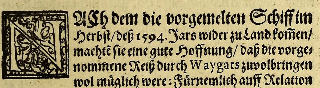 An illustration from Dritte Theil, Warhafftige Relation[.] Der dreyen newen vnerhörten, seltzame[n] Schiffart, so die holländischen vnd seeländischen Schiff gegen Mitternacht, drey Jar nach einander, als An[n]o 1594. 1595. vnd 1596. verricht. : Wie sie Nordvvegen, Lappiam, Biarmiam, vnd Russiam, oder Moscoviam (vorhabens ins Königreich Cathay vnd China zu kommen) vmgebsegelt haben. Auch wie sie das Fretu[m] Nassoviae, Waygats, Novam Semblam, vnd das Landt vnter dem 8o. Gradu Latitud, so man vermeint das Gronland sey, gefunden: vnd was für gefahr, der erschrecklichen Bärn, Meerwunder, vnd dem Eyss, sie aussgestanden., 1602, leaf 47