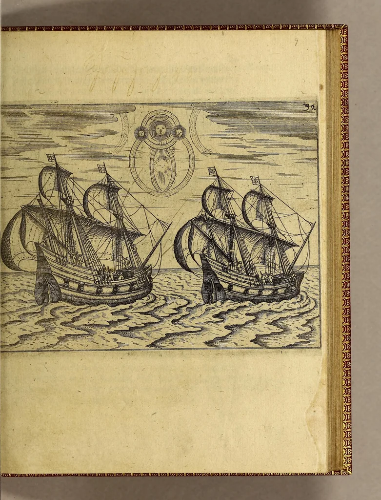 An illustration from Dritte Theil, Warhafftige Relation[.] Der dreyen newen vnerhörten, seltzame[n] Schiffart, so die holländischen vnd seeländischen Schiff gegen Mitternacht, drey Jar nach einander, als An[n]o 1594. 1595. vnd 1596. verricht. : Wie sie Nordvvegen, Lappiam, Biarmiam, vnd Russiam, oder Moscoviam (vorhabens ins Königreich Cathay vnd China zu kommen) vmgebsegelt haben. Auch wie sie das Fretu[m] Nassoviae, Waygats, Novam Semblam, vnd das Landt vnter dem 8o. Gradu Latitud, so man vermeint das Gronland sey, gefunden: vnd was für gefahr, der erschrecklichen Bärn, Meerwunder, vnd dem Eyss, sie aussgestanden., 1602, leaf 85