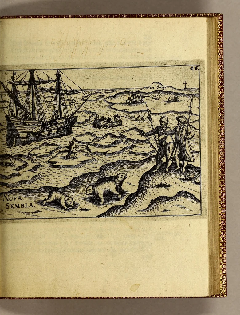 An illustration from Dritte Theil, Warhafftige Relation[.] Der dreyen newen vnerhörten, seltzame[n] Schiffart, so die holländischen vnd seeländischen Schiff gegen Mitternacht, drey Jar nach einander, als An[n]o 1594. 1595. vnd 1596. verricht. : Wie sie Nordvvegen, Lappiam, Biarmiam, vnd Russiam, oder Moscoviam (vorhabens ins Königreich Cathay vnd China zu kommen) vmgebsegelt haben. Auch wie sie das Fretu[m] Nassoviae, Waygats, Novam Semblam, vnd das Landt vnter dem 8o. Gradu Latitud, so man vermeint das Gronland sey, gefunden: vnd was für gefahr, der erschrecklichen Bärn, Meerwunder, vnd dem Eyss, sie aussgestanden., 1602, leaf 95