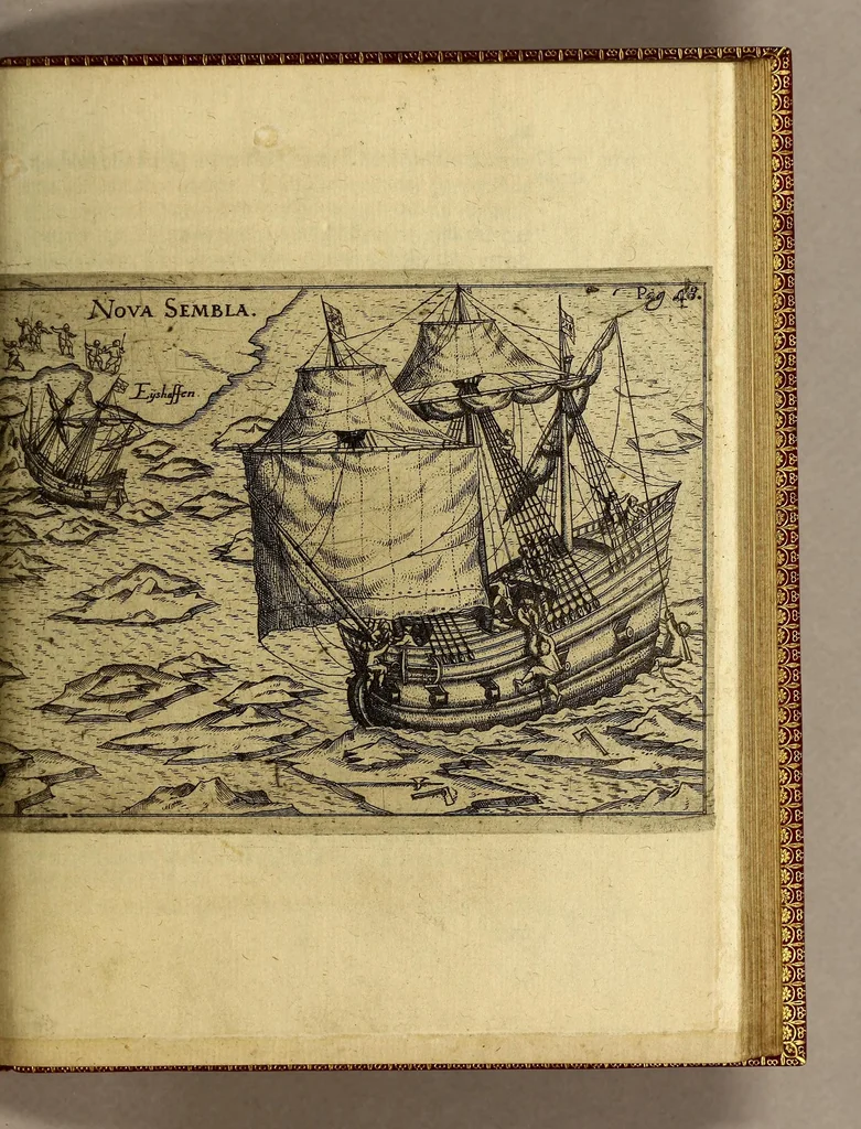 An illustration from Dritte Theil, Warhafftige Relation[.] Der dreyen newen vnerhörten, seltzame[n] Schiffart, so die holländischen vnd seeländischen Schiff gegen Mitternacht, drey Jar nach einander, als An[n]o 1594. 1595. vnd 1596. verricht. : Wie sie Nordvvegen, Lappiam, Biarmiam, vnd Russiam, oder Moscoviam (vorhabens ins Königreich Cathay vnd China zu kommen) vmgebsegelt haben. Auch wie sie das Fretu[m] Nassoviae, Waygats, Novam Semblam, vnd das Landt vnter dem 8o. Gradu Latitud, so man vermeint das Gronland sey, gefunden: vnd was für gefahr, der erschrecklichen Bärn, Meerwunder, vnd dem Eyss, sie aussgestanden., 1602, leaf 99