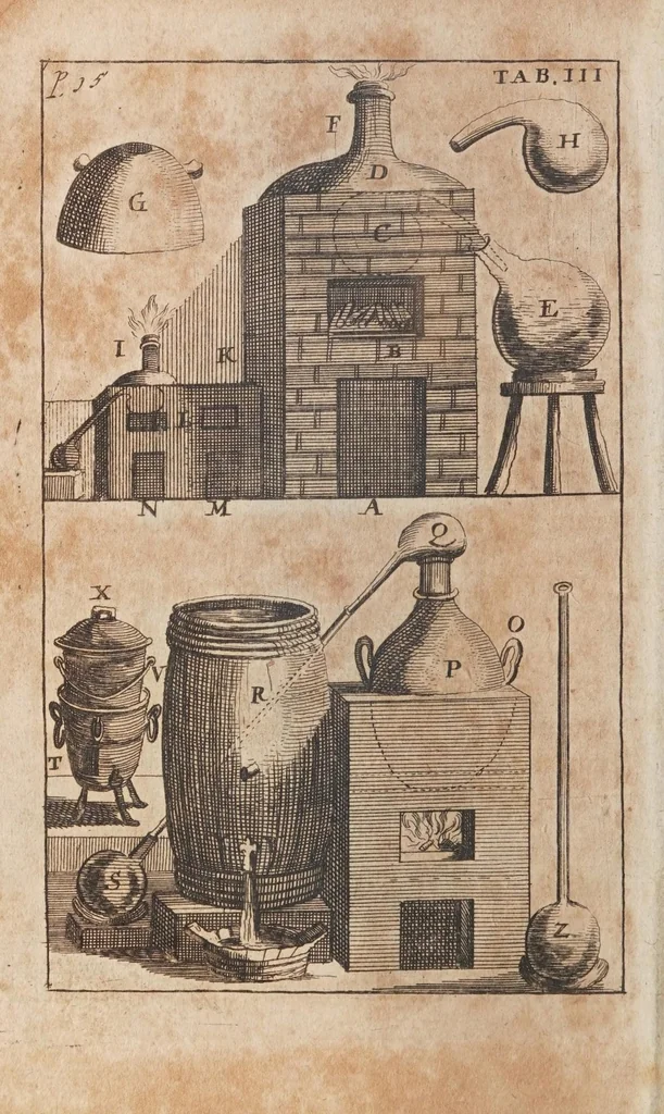 An illustration from D. Stephan Blancards Theatrum chimicum, oder, Eröffneter Schau-Platz und Thür zu dem Heimligkeiten in der Scheide-Kunst : von denen berühmtesten Män[n]ern, die iemals in der Scheide-Kunst sich selbst bemühet und davon geschrieben, als Schröder, Angelus Sala, Rolfinck, Le Febure, Crollius, Charras, Beguin und andern itzo noch lebenden auffgethan, nun aber von einen Liebhaber der Kunst also ins Gesichte gestellet : nebenst einer Vermehrung wie die geringen Metallen und gemeinen Steine zu verbessern sind, 1694, leaf 30