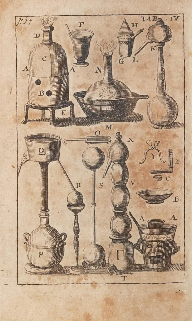 An illustration from D. Stephan Blancards Theatrum chimicum, oder, Eröffneter Schau-Platz und Thür zu dem Heimligkeiten in der Scheide-Kunst : von denen berühmtesten Män[n]ern, die iemals in der Scheide-Kunst sich selbst bemühet und davon geschrieben, als Schröder, Angelus Sala, Rolfinck, Le Febure, Crollius, Charras, Beguin und andern itzo noch lebenden auffgethan, nun aber von einen Liebhaber der Kunst also ins Gesichte gestellet : nebenst einer Vermehrung wie die geringen Metallen und gemeinen Steine zu verbessern sind, 1694, leaf 34