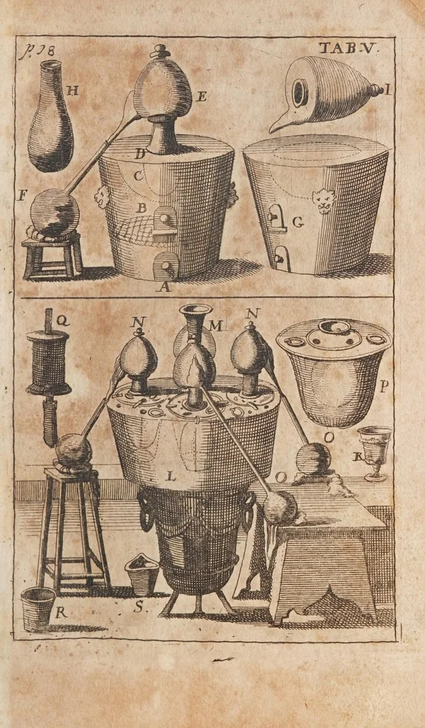 An illustration from D. Stephan Blancards Theatrum chimicum, oder, Eröffneter Schau-Platz und Thür zu dem Heimligkeiten in der Scheide-Kunst : von denen berühmtesten Män[n]ern, die iemals in der Scheide-Kunst sich selbst bemühet und davon geschrieben, als Schröder, Angelus Sala, Rolfinck, Le Febure, Crollius, Charras, Beguin und andern itzo noch lebenden auffgethan, nun aber von einen Liebhaber der Kunst also ins Gesichte gestellet : nebenst einer Vermehrung wie die geringen Metallen und gemeinen Steine zu verbessern sind, 1694, leaf 41