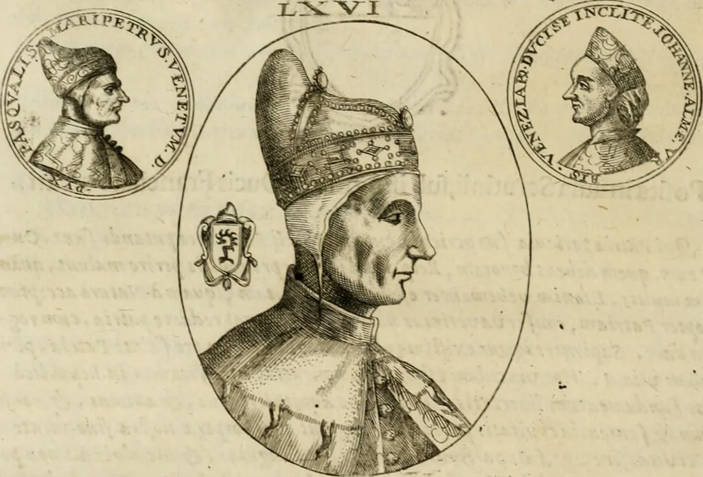 An illustration from Fasti ducales ab Anafesto I. ad Silvestrum Valerium Venetorum ducem : cum eorum iconibus, insignibus, nummismatibus publicis, & privatis aere sculptis : inscriptionibus ex aula M. Consilii, ac sepulchralibus : adiectae sunt adnotationes, ad vitam cuiusque principis, rerum, quae omissae fuerant, 1696, leaf 173