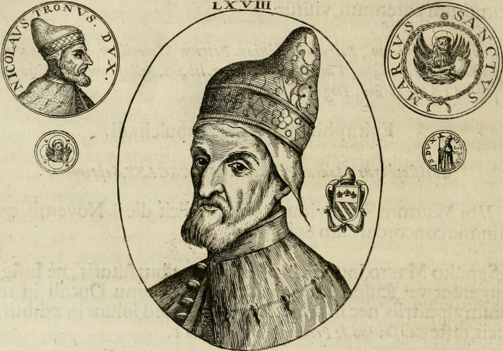 An illustration from Fasti ducales ab Anafesto I. ad Silvestrum Valerium Venetorum ducem : cum eorum iconibus, insignibus, nummismatibus publicis, & privatis aere sculptis : inscriptionibus ex aula M. Consilii, ac sepulchralibus : adiectae sunt adnotationes, ad vitam cuiusque principis, rerum, quae omissae fuerant, 1696, leaf 181