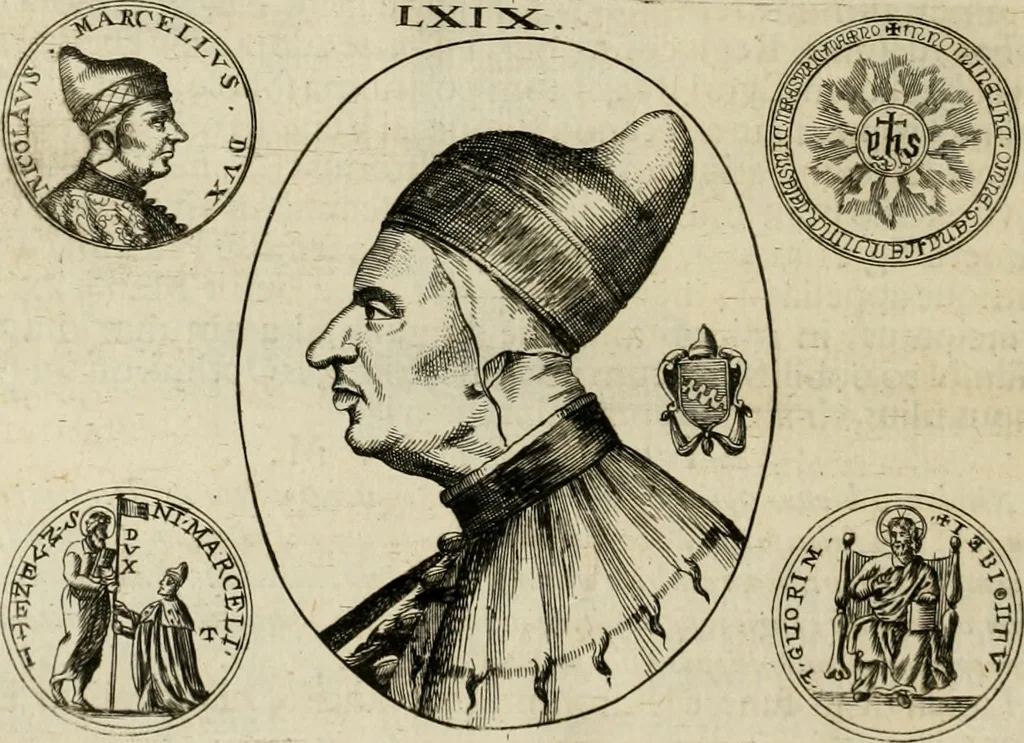 An illustration from Fasti ducales ab Anafesto I. ad Silvestrum Valerium Venetorum ducem : cum eorum iconibus, insignibus, nummismatibus publicis, & privatis aere sculptis : inscriptionibus ex aula M. Consilii, ac sepulchralibus : adiectae sunt adnotationes, ad vitam cuiusque principis, rerum, quae omissae fuerant, 1696, leaf 183