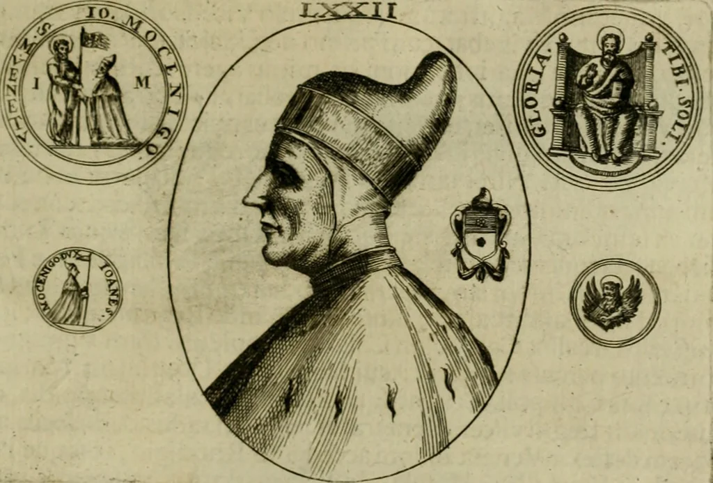 An illustration from Fasti ducales ab Anafesto I. ad Silvestrum Valerium Venetorum ducem : cum eorum iconibus, insignibus, nummismatibus publicis, & privatis aere sculptis : inscriptionibus ex aula M. Consilii, ac sepulchralibus : adiectae sunt adnotationes, ad vitam cuiusque principis, rerum, quae omissae fuerant, 1696, leaf 190