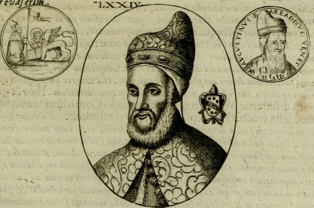 An illustration from Fasti ducales ab Anafesto I. ad Silvestrum Valerium Venetorum ducem : cum eorum iconibus, insignibus, nummismatibus publicis, & privatis aere sculptis : inscriptionibus ex aula M. Consilii, ac sepulchralibus : adiectae sunt adnotationes, ad vitam cuiusque principis, rerum, quae omissae fuerant, 1696, leaf 200
