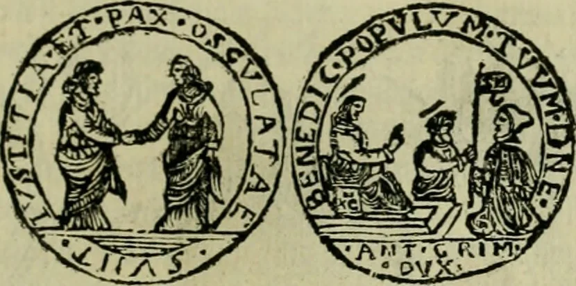 An illustration from Fasti ducales ab Anafesto I. ad Silvestrum Valerium Venetorum ducem : cum eorum iconibus, insignibus, nummismatibus publicis, & privatis aere sculptis : inscriptionibus ex aula M. Consilii, ac sepulchralibus : adiectae sunt adnotationes, ad vitam cuiusque principis, rerum, quae omissae fuerant, 1696, leaf 210