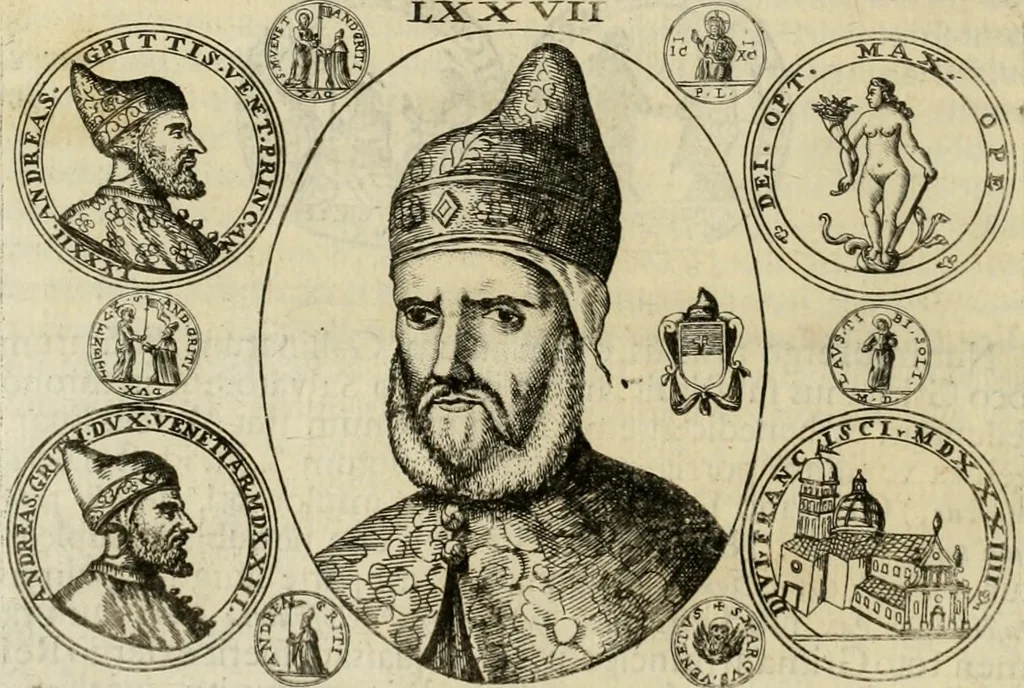 An illustration from Fasti ducales ab Anafesto I. ad Silvestrum Valerium Venetorum ducem : cum eorum iconibus, insignibus, nummismatibus publicis, & privatis aere sculptis : inscriptionibus ex aula M. Consilii, ac sepulchralibus : adiectae sunt adnotationes, ad vitam cuiusque principis, rerum, quae omissae fuerant, 1696, leaf 211