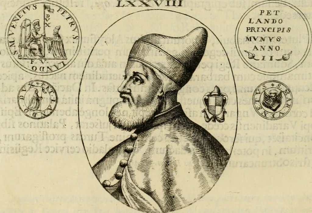 An illustration from Fasti ducales ab Anafesto I. ad Silvestrum Valerium Venetorum ducem : cum eorum iconibus, insignibus, nummismatibus publicis, & privatis aere sculptis : inscriptionibus ex aula M. Consilii, ac sepulchralibus : adiectae sunt adnotationes, ad vitam cuiusque principis, rerum, quae omissae fuerant, 1696, leaf 215