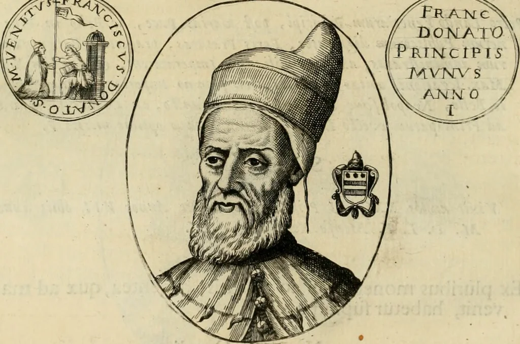 An illustration from Fasti ducales ab Anafesto I. ad Silvestrum Valerium Venetorum ducem : cum eorum iconibus, insignibus, nummismatibus publicis, & privatis aere sculptis : inscriptionibus ex aula M. Consilii, ac sepulchralibus : adiectae sunt adnotationes, ad vitam cuiusque principis, rerum, quae omissae fuerant, 1696, leaf 217