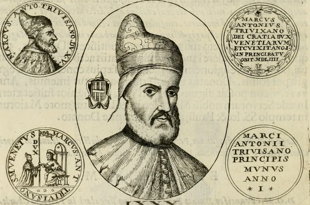 An illustration from Fasti ducales ab Anafesto I. ad Silvestrum Valerium Venetorum ducem : cum eorum iconibus, insignibus, nummismatibus publicis, & privatis aere sculptis : inscriptionibus ex aula M. Consilii, ac sepulchralibus : adiectae sunt adnotationes, ad vitam cuiusque principis, rerum, quae omissae fuerant, 1696, leaf 219