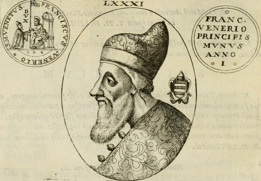 An illustration from Fasti ducales ab Anafesto I. ad Silvestrum Valerium Venetorum ducem : cum eorum iconibus, insignibus, nummismatibus publicis, & privatis aere sculptis : inscriptionibus ex aula M. Consilii, ac sepulchralibus : adiectae sunt adnotationes, ad vitam cuiusque principis, rerum, quae omissae fuerant, 1696, leaf 221