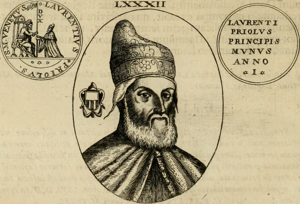 An illustration from Fasti ducales ab Anafesto I. ad Silvestrum Valerium Venetorum ducem : cum eorum iconibus, insignibus, nummismatibus publicis, & privatis aere sculptis : inscriptionibus ex aula M. Consilii, ac sepulchralibus : adiectae sunt adnotationes, ad vitam cuiusque principis, rerum, quae omissae fuerant, 1696, leaf 223