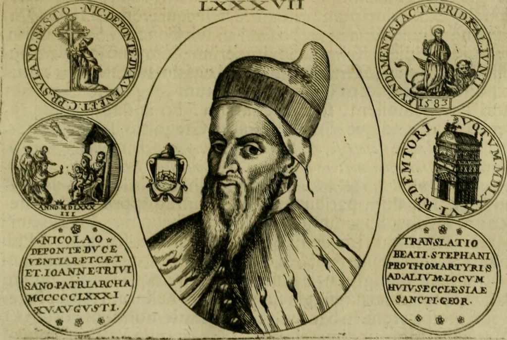 An illustration from Fasti ducales ab Anafesto I. ad Silvestrum Valerium Venetorum ducem : cum eorum iconibus, insignibus, nummismatibus publicis, & privatis aere sculptis : inscriptionibus ex aula M. Consilii, ac sepulchralibus : adiectae sunt adnotationes, ad vitam cuiusque principis, rerum, quae omissae fuerant, 1696, leaf 244