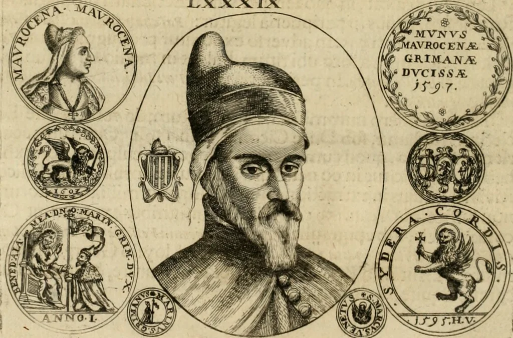 An illustration from Fasti ducales ab Anafesto I. ad Silvestrum Valerium Venetorum ducem : cum eorum iconibus, insignibus, nummismatibus publicis, & privatis aere sculptis : inscriptionibus ex aula M. Consilii, ac sepulchralibus : adiectae sunt adnotationes, ad vitam cuiusque principis, rerum, quae omissae fuerant, 1696, leaf 251