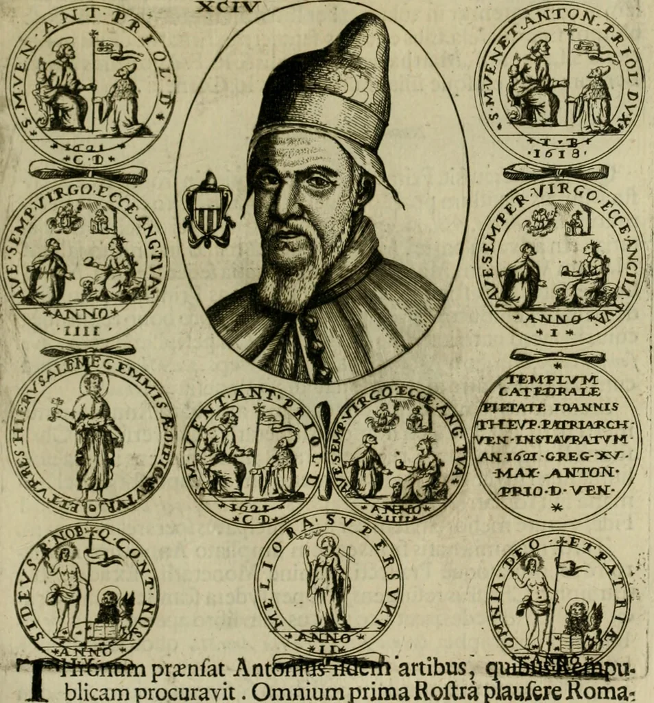 An illustration from Fasti ducales ab Anafesto I. ad Silvestrum Valerium Venetorum ducem : cum eorum iconibus, insignibus, nummismatibus publicis, & privatis aere sculptis : inscriptionibus ex aula M. Consilii, ac sepulchralibus : adiectae sunt adnotationes, ad vitam cuiusque principis, rerum, quae omissae fuerant, 1696, leaf 266