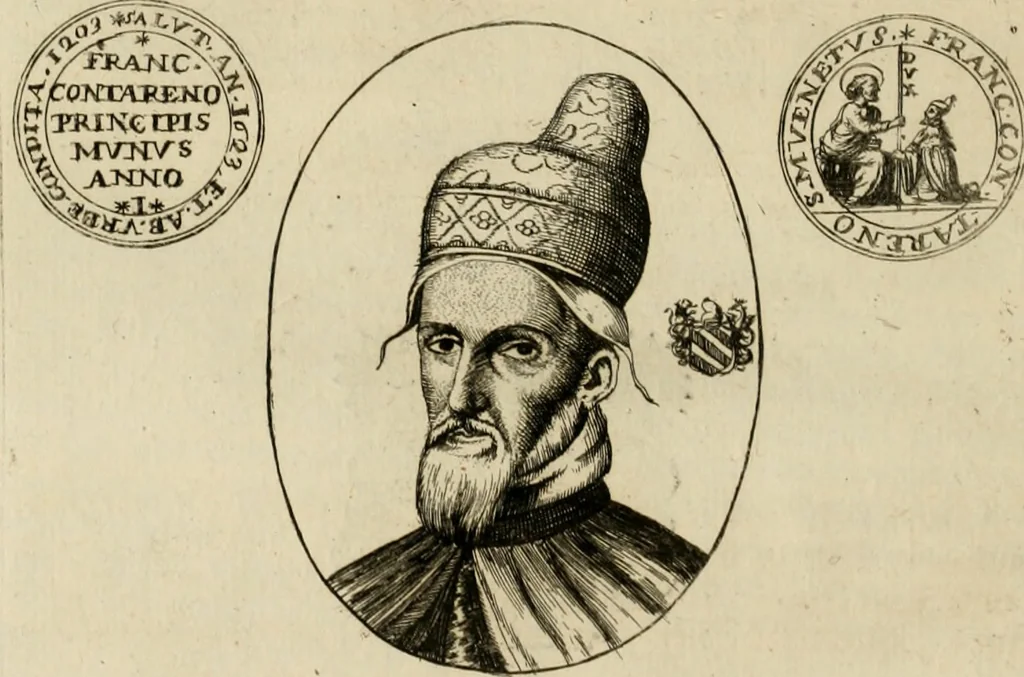 An illustration from Fasti ducales ab Anafesto I. ad Silvestrum Valerium Venetorum ducem : cum eorum iconibus, insignibus, nummismatibus publicis, & privatis aere sculptis : inscriptionibus ex aula M. Consilii, ac sepulchralibus : adiectae sunt adnotationes, ad vitam cuiusque principis, rerum, quae omissae fuerant, 1696, leaf 269