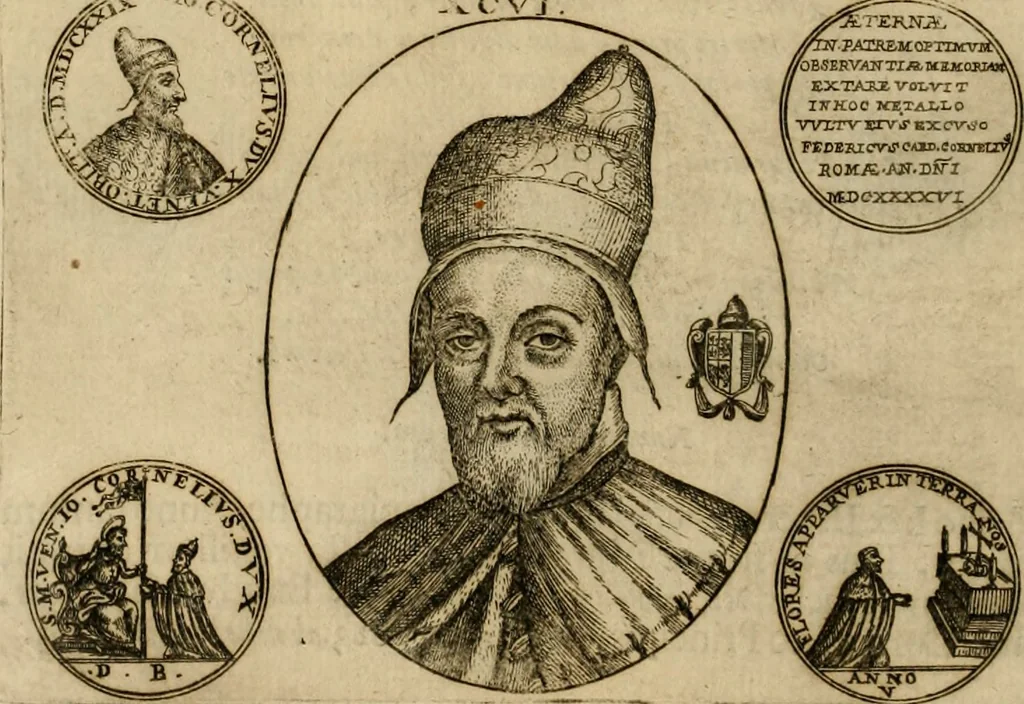 An illustration from Fasti ducales ab Anafesto I. ad Silvestrum Valerium Venetorum ducem : cum eorum iconibus, insignibus, nummismatibus publicis, & privatis aere sculptis : inscriptionibus ex aula M. Consilii, ac sepulchralibus : adiectae sunt adnotationes, ad vitam cuiusque principis, rerum, quae omissae fuerant, 1696, leaf 271