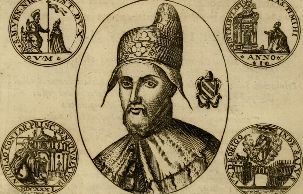 An illustration from Fasti ducales ab Anafesto I. ad Silvestrum Valerium Venetorum ducem : cum eorum iconibus, insignibus, nummismatibus publicis, & privatis aere sculptis : inscriptionibus ex aula M. Consilii, ac sepulchralibus : adiectae sunt adnotationes, ad vitam cuiusque principis, rerum, quae omissae fuerant, 1696, leaf 273