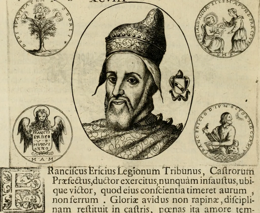 An illustration from Fasti ducales ab Anafesto I. ad Silvestrum Valerium Venetorum ducem : cum eorum iconibus, insignibus, nummismatibus publicis, & privatis aere sculptis : inscriptionibus ex aula M. Consilii, ac sepulchralibus : adiectae sunt adnotationes, ad vitam cuiusque principis, rerum, quae omissae fuerant, 1696, leaf 277