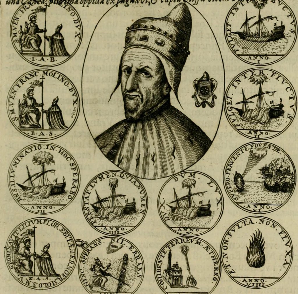 An illustration from Fasti ducales ab Anafesto I. ad Silvestrum Valerium Venetorum ducem : cum eorum iconibus, insignibus, nummismatibus publicis, & privatis aere sculptis : inscriptionibus ex aula M. Consilii, ac sepulchralibus : adiectae sunt adnotationes, ad vitam cuiusque principis, rerum, quae omissae fuerant, 1696, leaf 280