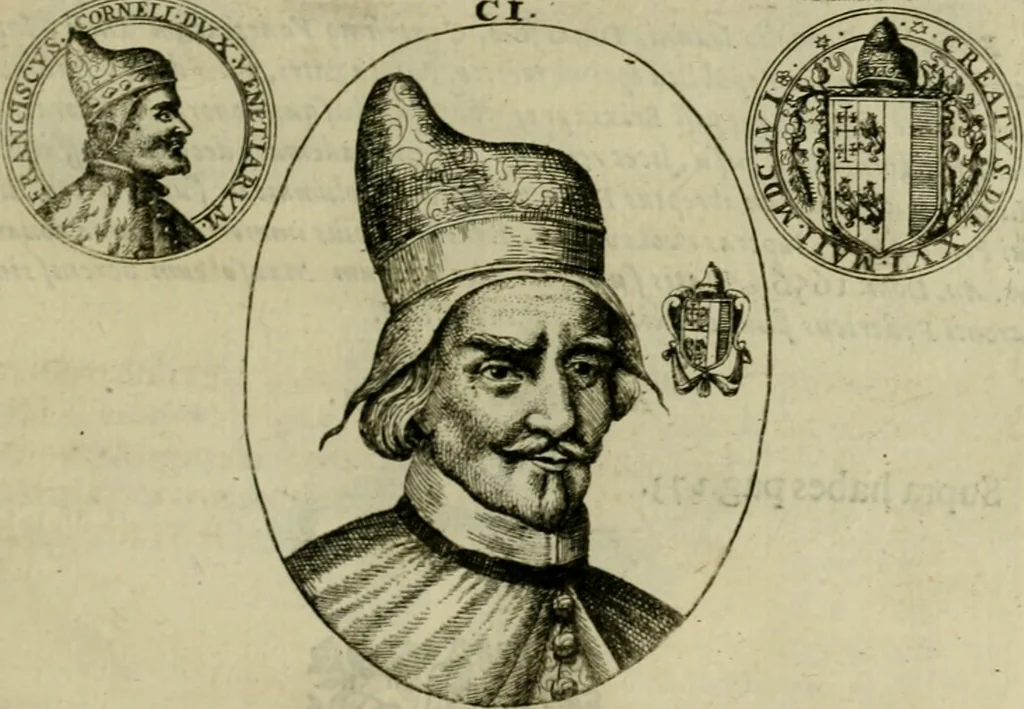 An illustration from Fasti ducales ab Anafesto I. ad Silvestrum Valerium Venetorum ducem : cum eorum iconibus, insignibus, nummismatibus publicis, & privatis aere sculptis : inscriptionibus ex aula M. Consilii, ac sepulchralibus : adiectae sunt adnotationes, ad vitam cuiusque principis, rerum, quae omissae fuerant, 1696, leaf 286