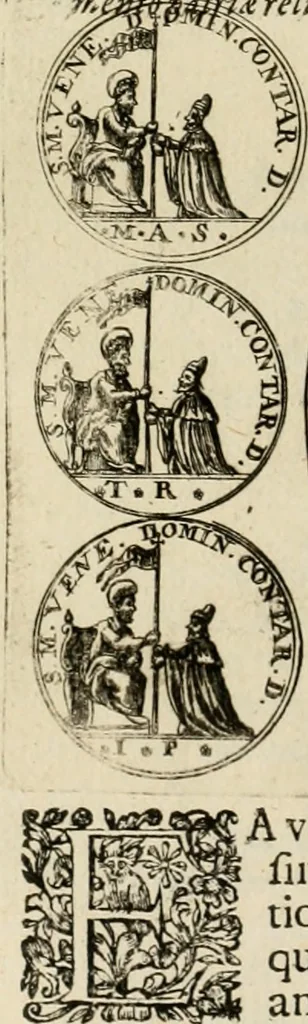 An illustration from Fasti ducales ab Anafesto I. ad Silvestrum Valerium Venetorum ducem : cum eorum iconibus, insignibus, nummismatibus publicis, & privatis aere sculptis : inscriptionibus ex aula M. Consilii, ac sepulchralibus : adiectae sunt adnotationes, ad vitam cuiusque principis, rerum, quae omissae fuerant, 1696, leaf 297
