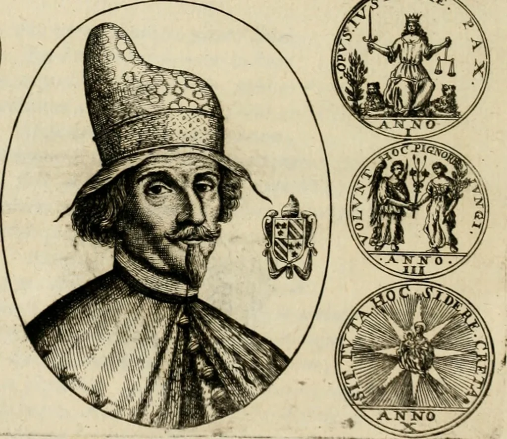 An illustration from Fasti ducales ab Anafesto I. ad Silvestrum Valerium Venetorum ducem : cum eorum iconibus, insignibus, nummismatibus publicis, & privatis aere sculptis : inscriptionibus ex aula M. Consilii, ac sepulchralibus : adiectae sunt adnotationes, ad vitam cuiusque principis, rerum, quae omissae fuerant, 1696, leaf 297