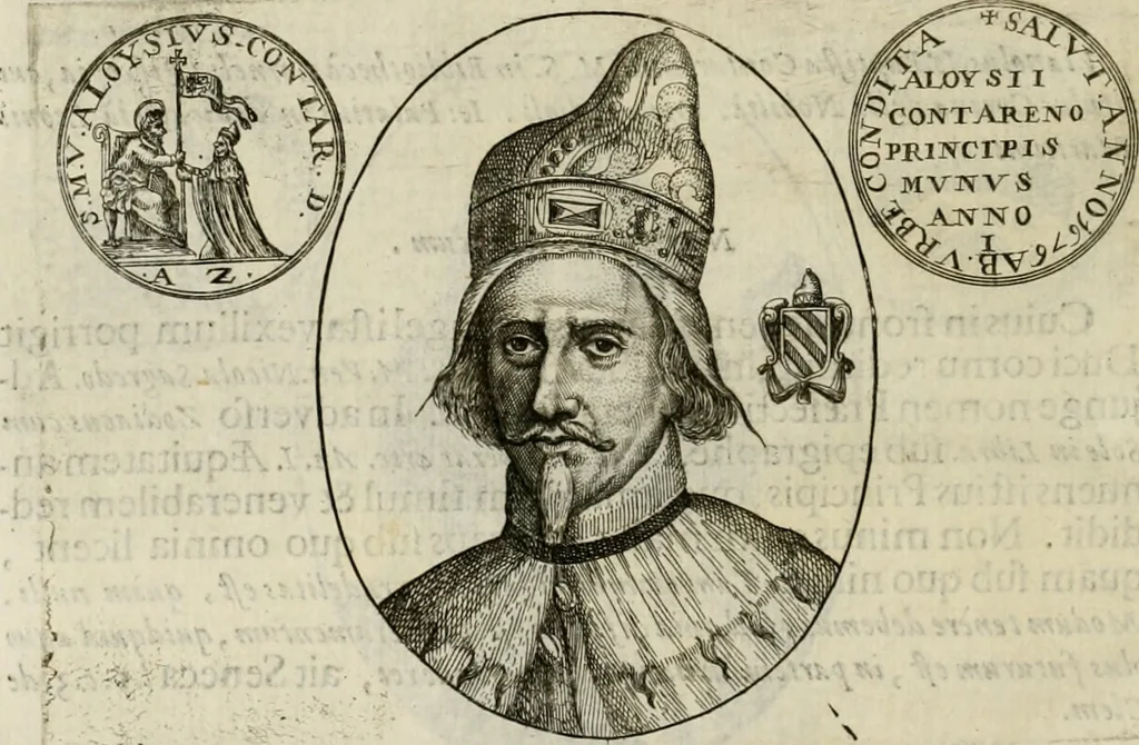 An illustration from Fasti ducales ab Anafesto I. ad Silvestrum Valerium Venetorum ducem : cum eorum iconibus, insignibus, nummismatibus publicis, & privatis aere sculptis : inscriptionibus ex aula M. Consilii, ac sepulchralibus : adiectae sunt adnotationes, ad vitam cuiusque principis, rerum, quae omissae fuerant, 1696, leaf 303