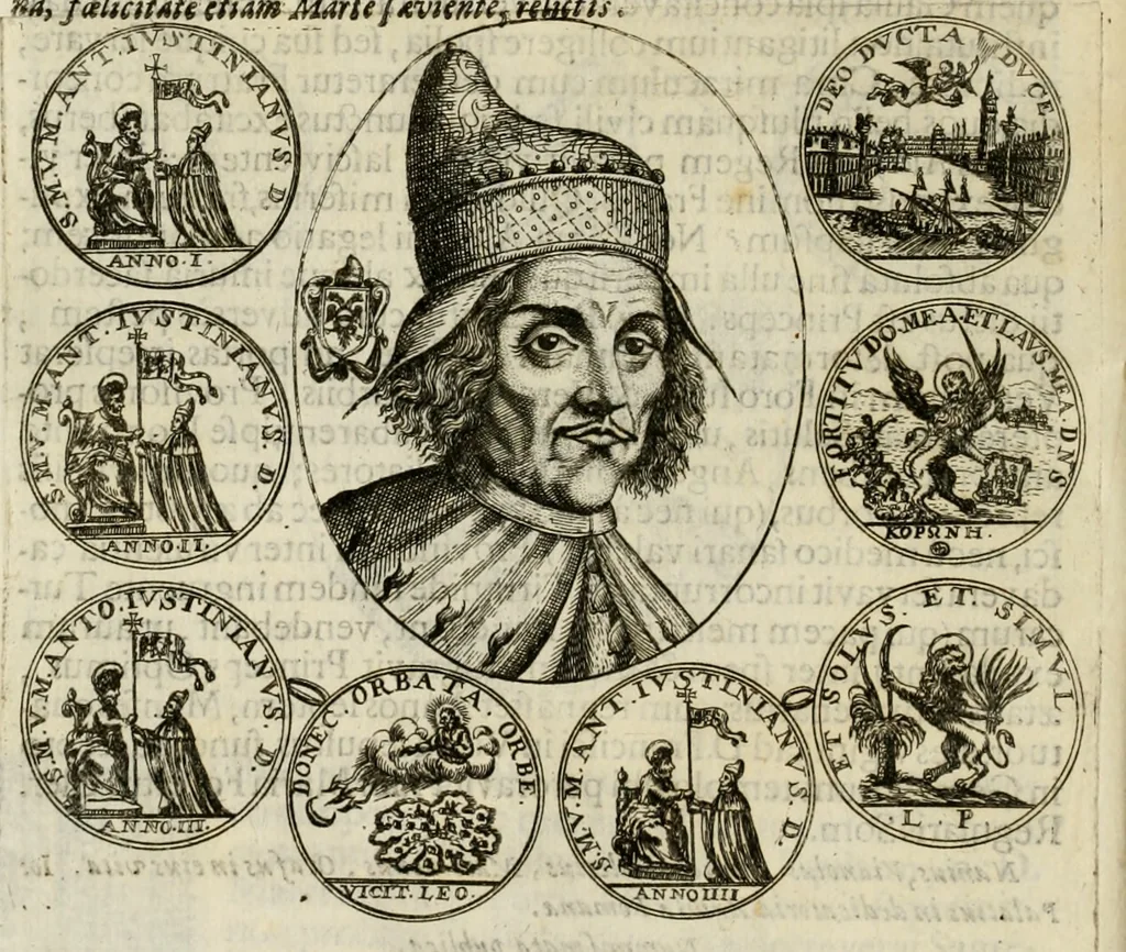 An illustration from Fasti ducales ab Anafesto I. ad Silvestrum Valerium Venetorum ducem : cum eorum iconibus, insignibus, nummismatibus publicis, & privatis aere sculptis : inscriptionibus ex aula M. Consilii, ac sepulchralibus : adiectae sunt adnotationes, ad vitam cuiusque principis, rerum, quae omissae fuerant, 1696, leaf 305