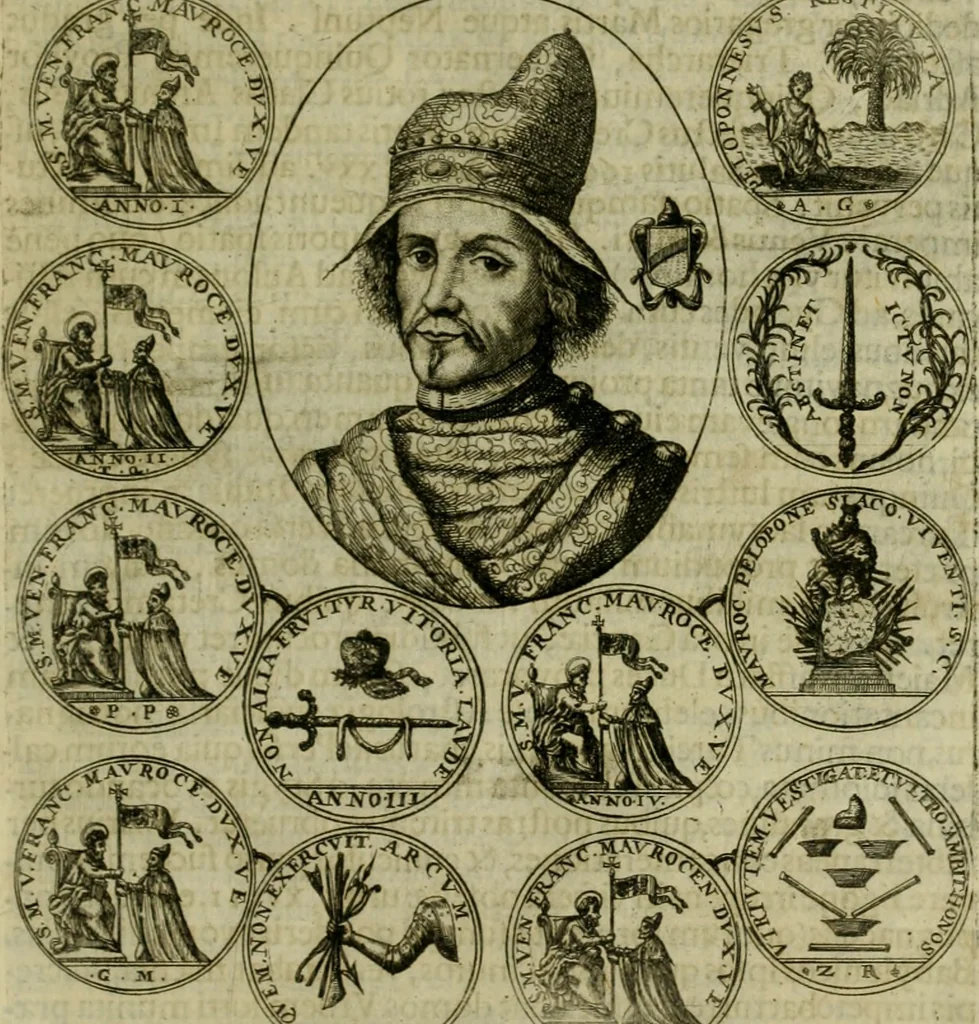 An illustration from Fasti ducales ab Anafesto I. ad Silvestrum Valerium Venetorum ducem : cum eorum iconibus, insignibus, nummismatibus publicis, & privatis aere sculptis : inscriptionibus ex aula M. Consilii, ac sepulchralibus : adiectae sunt adnotationes, ad vitam cuiusque principis, rerum, quae omissae fuerant, 1696, leaf 328