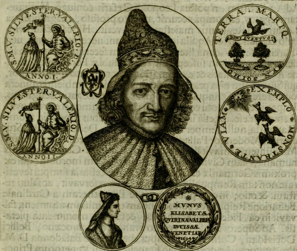 An illustration from Fasti ducales ab Anafesto I. ad Silvestrum Valerium Venetorum ducem : cum eorum iconibus, insignibus, nummismatibus publicis, & privatis aere sculptis : inscriptionibus ex aula M. Consilii, ac sepulchralibus : adiectae sunt adnotationes, ad vitam cuiusque principis, rerum, quae omissae fuerant, 1696, leaf 340