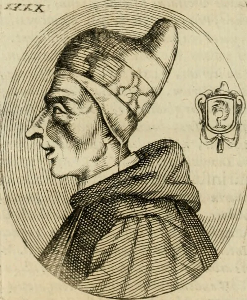 An illustration from Fasti ducales ab Anafesto I. ad Silvestrum Valerium Venetorum ducem : cum eorum iconibus, insignibus, nummismatibus publicis, & privatis aere sculptis : inscriptionibus ex aula M. Consilii, ac sepulchralibus : adiectae sunt adnotationes, ad vitam cuiusque principis, rerum, quae omissae fuerant, 1696, leaf 95