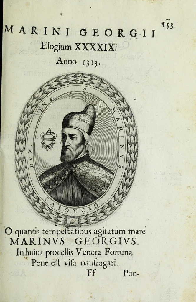 An illustration from Ducalis regiae lararium, siue, Ser[enisi]m[a]e Reipu. Venetae principu[m] omniu[m] icones : vsque ad serenisimu[m] Ioannem Pisaurum, qui nunc reru[m] feliciter potitur, elogia P.D. Leonis Matinae .., 1659, leaf 183
