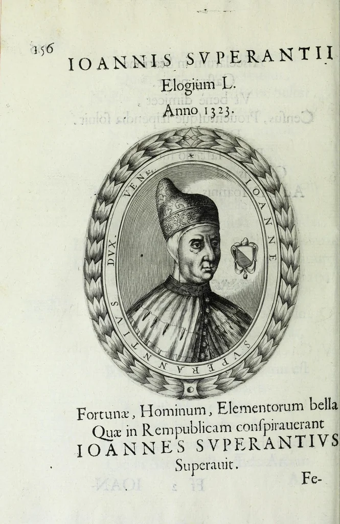 An illustration from Ducalis regiae lararium, siue, Ser[enisi]m[a]e Reipu. Venetae principu[m] omniu[m] icones : vsque ad serenisimu[m] Ioannem Pisaurum, qui nunc reru[m] feliciter potitur, elogia P.D. Leonis Matinae .., 1659, leaf 186