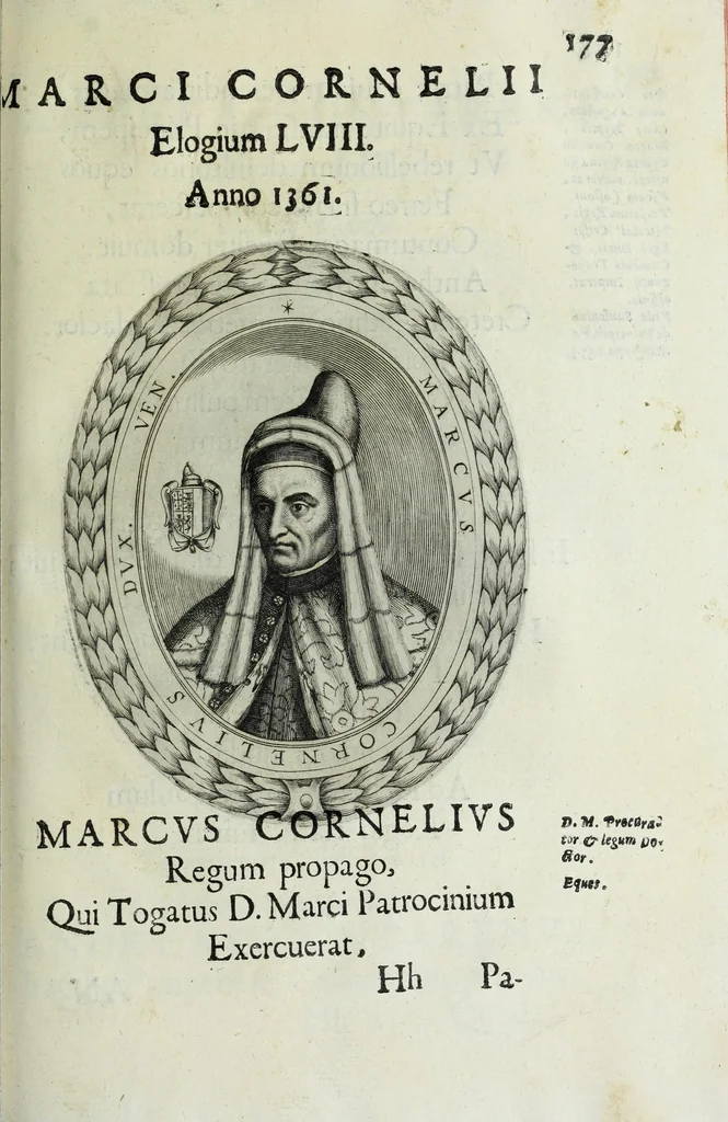 An illustration from Ducalis regiae lararium, siue, Ser[enisi]m[a]e Reipu. Venetae principu[m] omniu[m] icones : vsque ad serenisimu[m] Ioannem Pisaurum, qui nunc reru[m] feliciter potitur, elogia P.D. Leonis Matinae .., 1659, leaf 207