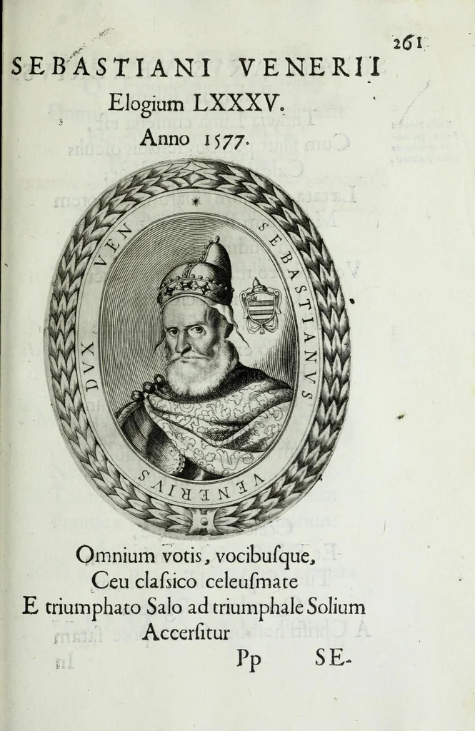 An illustration from Ducalis regiae lararium, siue, Ser[enisi]m[a]e Reipu. Venetae principu[m] omniu[m] icones : vsque ad serenisimu[m] Ioannem Pisaurum, qui nunc reru[m] feliciter potitur, elogia P.D. Leonis Matinae .., 1659, leaf 291