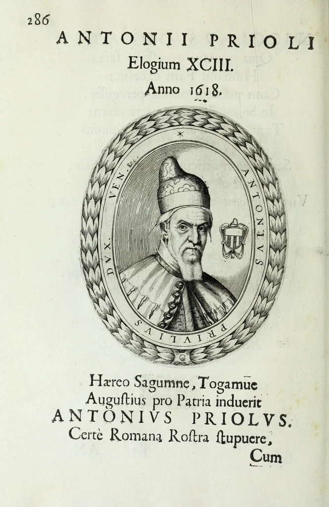 An illustration from Ducalis regiae lararium, siue, Ser[enisi]m[a]e Reipu. Venetae principu[m] omniu[m] icones : vsque ad serenisimu[m] Ioannem Pisaurum, qui nunc reru[m] feliciter potitur, elogia P.D. Leonis Matinae .., 1659, leaf 316