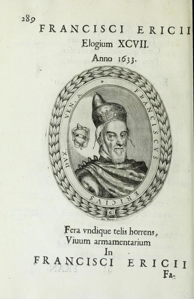 An illustration from Ducalis regiae lararium, siue, Ser[enisi]m[a]e Reipu. Venetae principu[m] omniu[m] icones : vsque ad serenisimu[m] Ioannem Pisaurum, qui nunc reru[m] feliciter potitur, elogia P.D. Leonis Matinae .., 1659, leaf 328