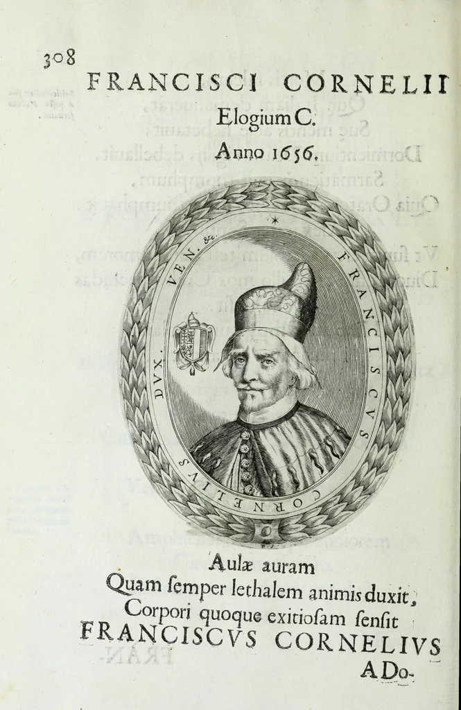 An illustration from Ducalis regiae lararium, siue, Ser[enisi]m[a]e Reipu. Venetae principu[m] omniu[m] icones : vsque ad serenisimu[m] Ioannem Pisaurum, qui nunc reru[m] feliciter potitur, elogia P.D. Leonis Matinae .., 1659, leaf 338